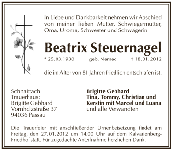 Traueranzeige von Beatrix Steuernagel von Pegnitz-Zeitung